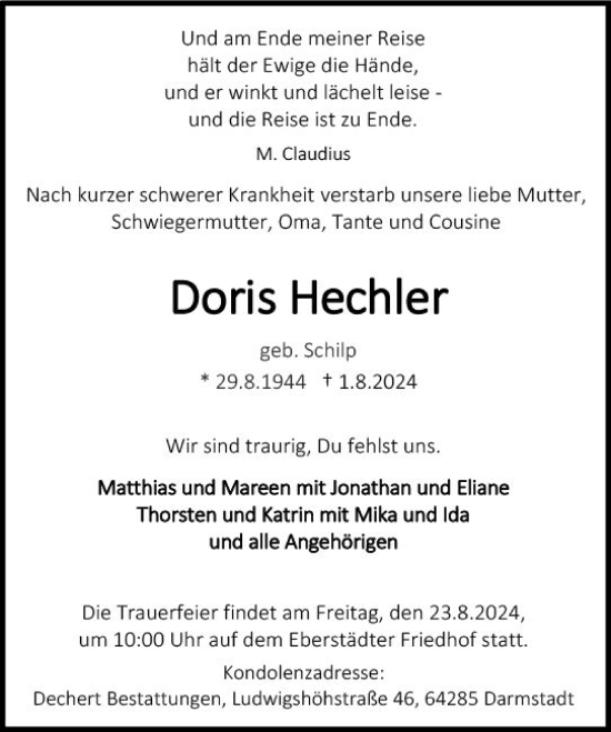 Traueranzeige von Doris Hechler von Darmstädter Echo