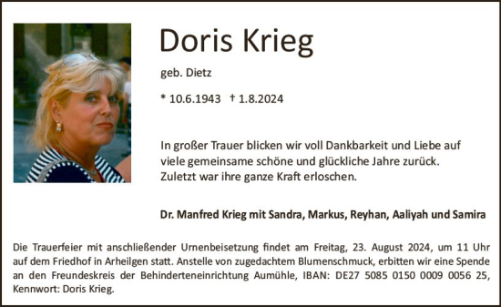 Traueranzeige von Doris Krieg von Darmstädter Echo