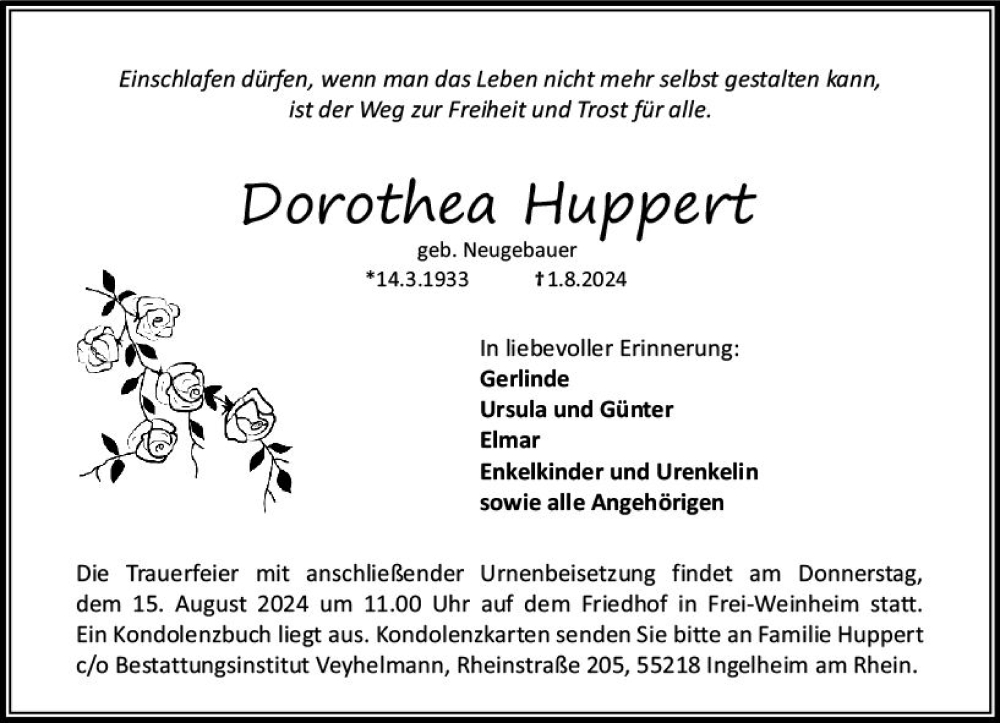  Traueranzeige für Dorothea Huppert vom 10.08.2024 aus Allgemeine Zeitung Rheinhessen-Nahe