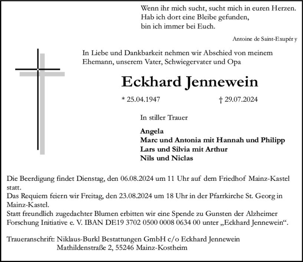  Traueranzeige für Eckhard Jennewein vom 03.08.2024 aus Allgemeine Zeitung Mainz