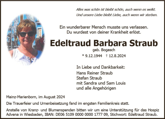 Traueranzeige von Edeltraud Straub von Allgemeine Zeitung Mainz