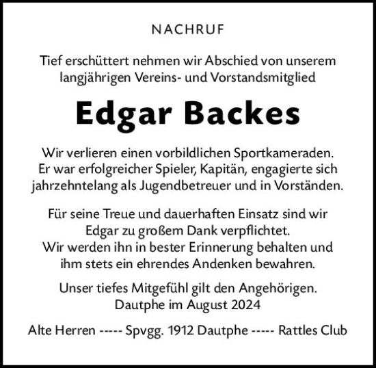 Traueranzeige von Edgar Backes von Hinterländer Anzeiger