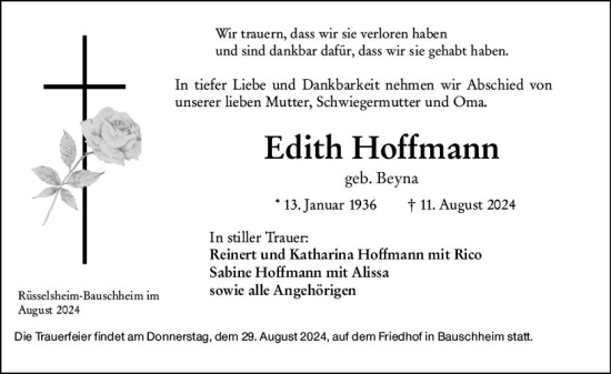 Traueranzeige von Edith Hoffmann von Rüsselsheimer Echo