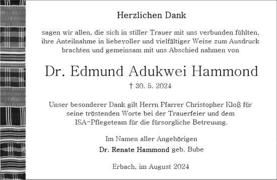 Traueranzeige von Edmund Adukwei Hammond von Odenwälder Echo