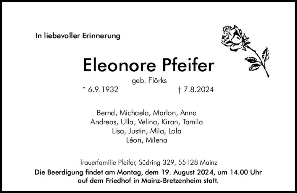  Traueranzeige für Eleonore Pfeifer vom 10.08.2024 aus Allgemeine Zeitung Mainz