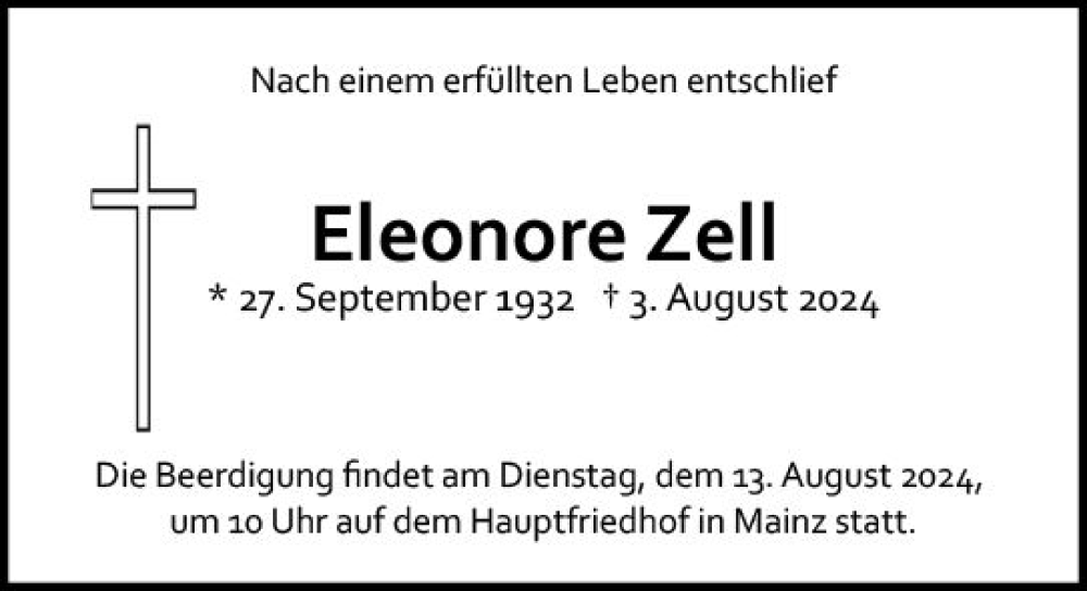  Traueranzeige für Eleonore Zell vom 10.08.2024 aus Allgemeine Zeitung Mainz