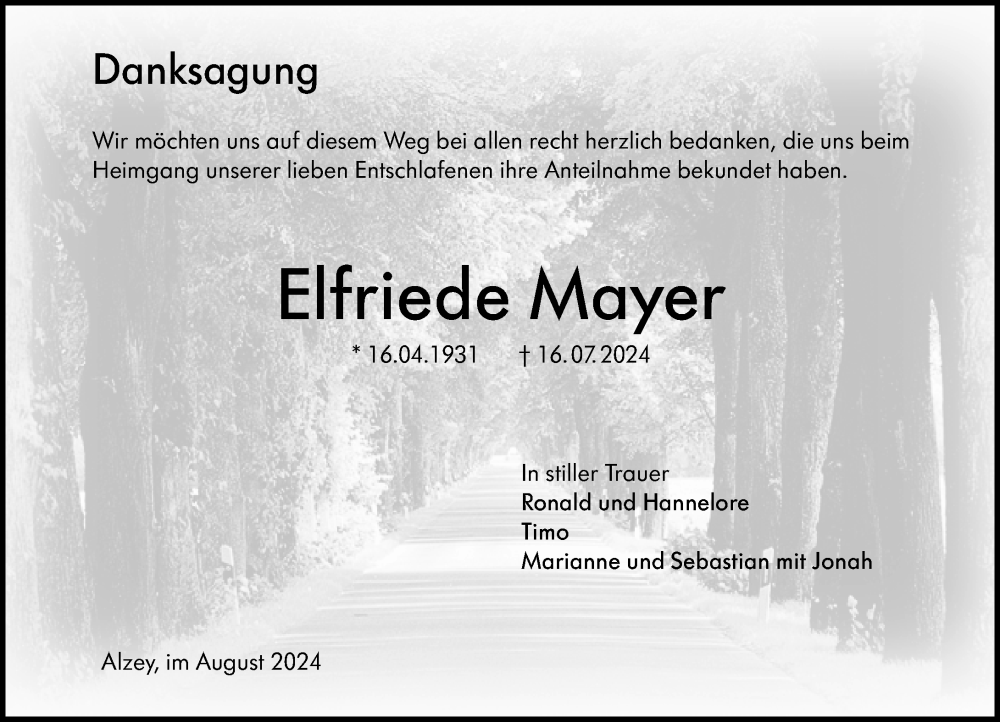  Traueranzeige für Elfriede Mayer vom 31.08.2024 aus Allgemeine Zeitung Alzey