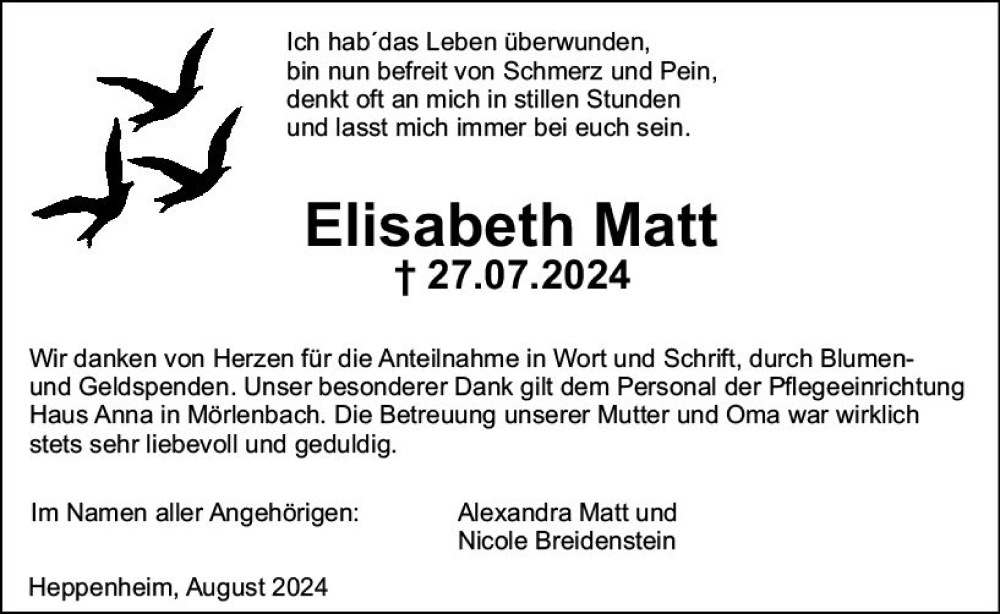  Traueranzeige für Elisabeth Matt vom 17.08.2024 aus Starkenburger Echo
