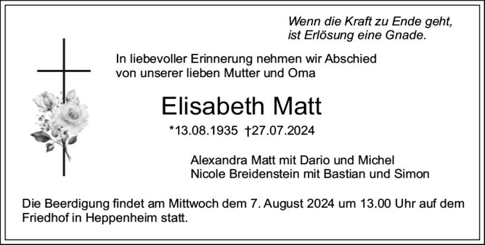  Traueranzeige für Elisabeth Matt vom 03.08.2024 aus Starkenburger Echo