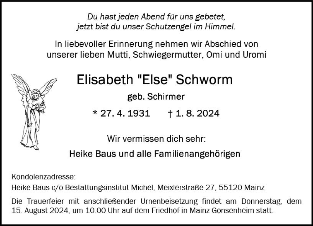  Traueranzeige für Elisabeth Schworm vom 10.08.2024 aus Allgemeine Zeitung Mainz