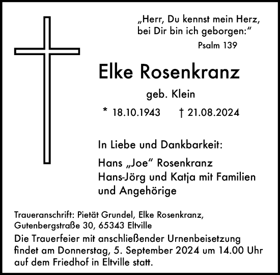 Traueranzeige von Elke Rosenkranz von Wiesbadener Kurier