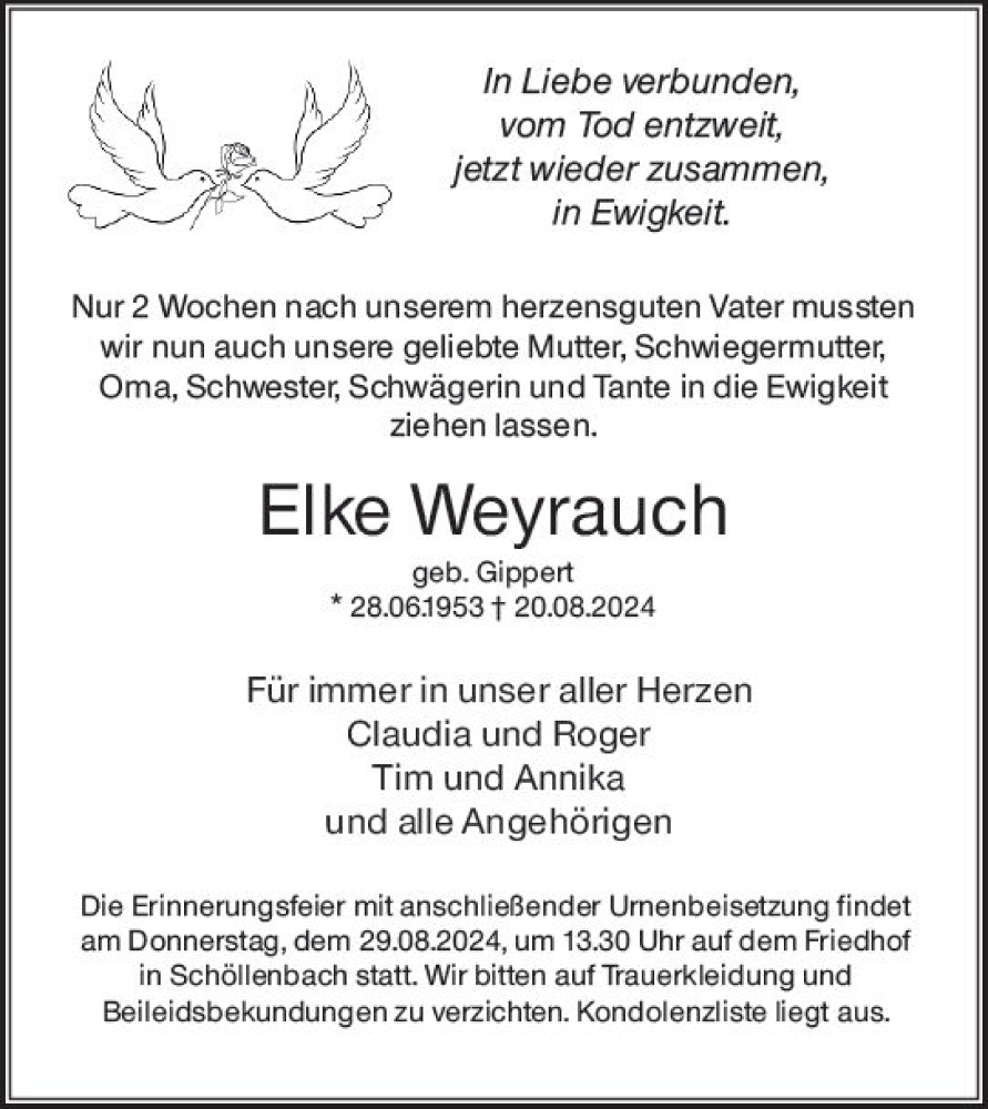  Traueranzeige für Elke Weyrauch vom 24.08.2024 aus Odenwälder Echo