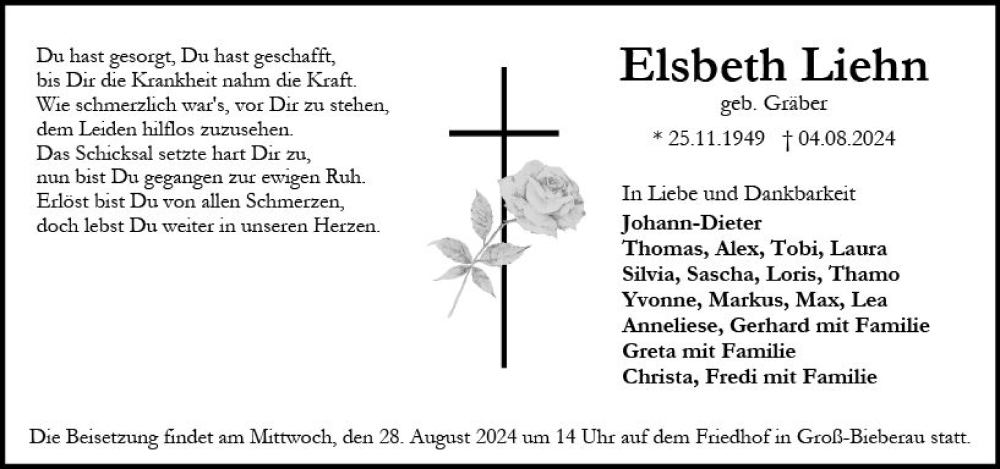  Traueranzeige für Elsbeth Liehn vom 17.08.2024 aus Odenwälder Echo