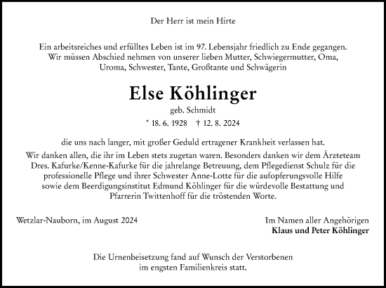 Traueranzeige von Else Köhlinger von Wetzlarer Neue Zeitung