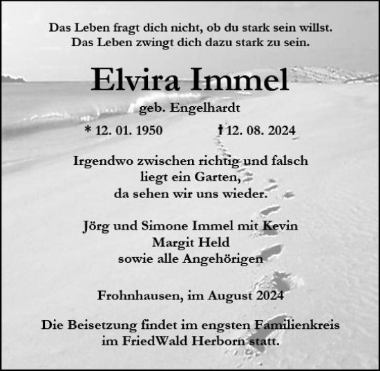 Traueranzeige von Elvira Immel von Dill Block