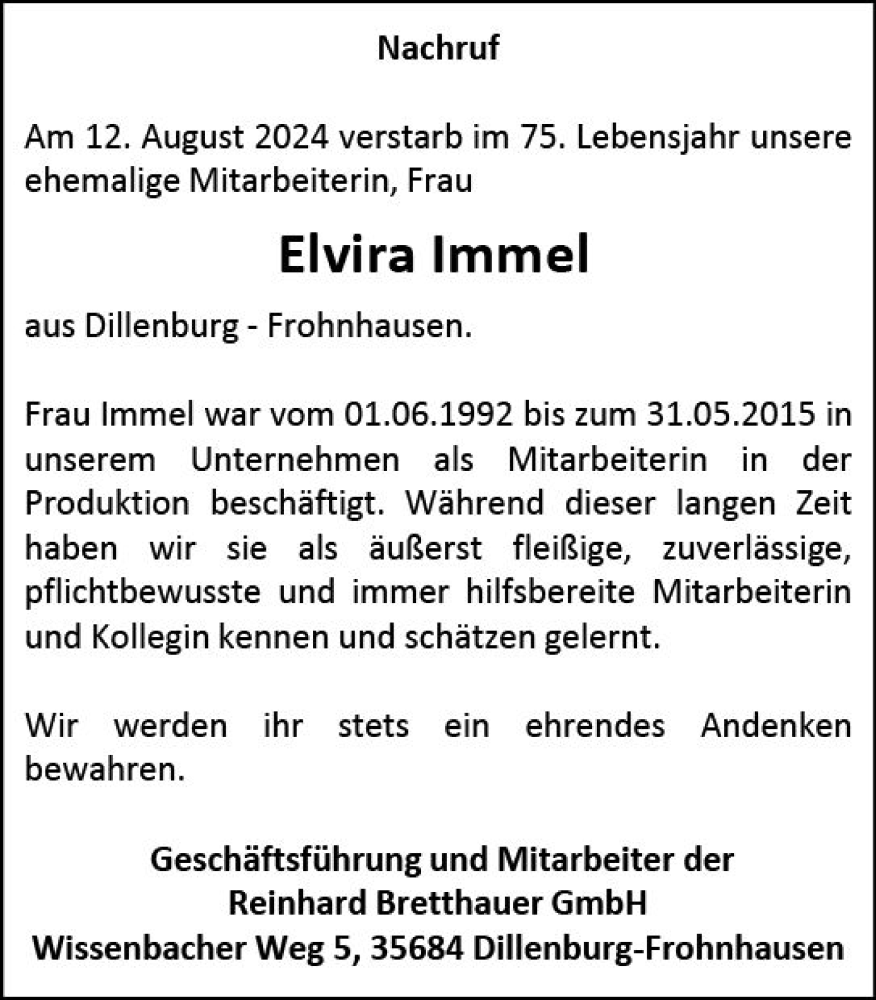  Traueranzeige für Elvira Immel vom 17.08.2024 aus Dill Block