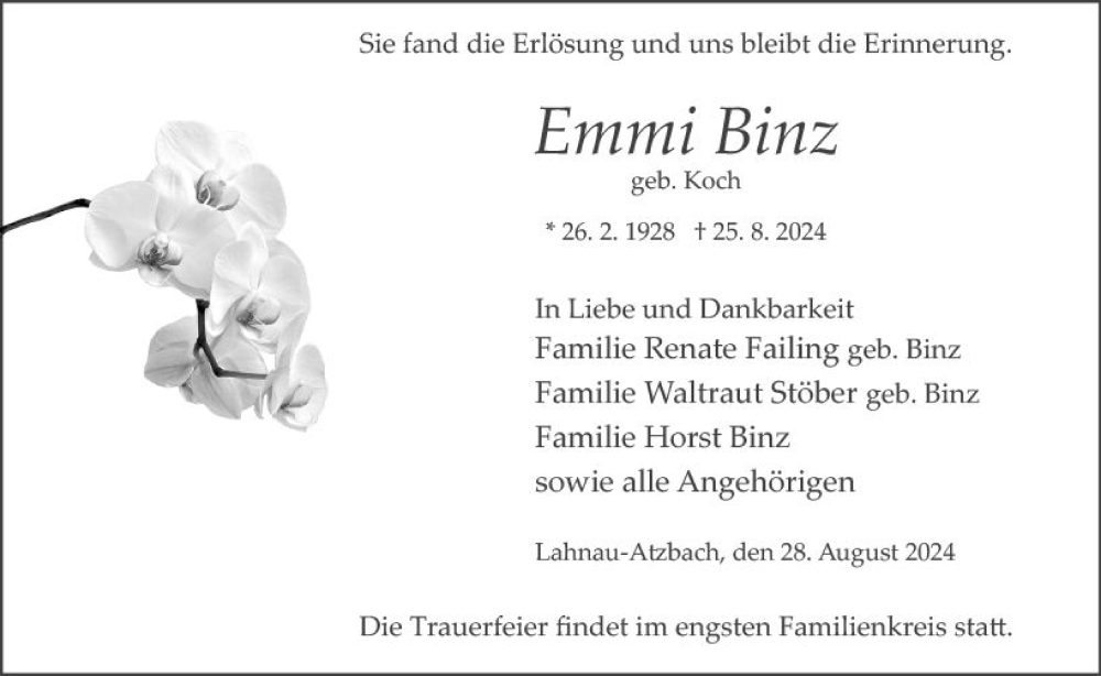  Traueranzeige für Emmi Binz vom 28.08.2024 aus Wetzlarer Neue Zeitung