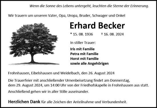 Traueranzeige von Erhard Becker von Dill Block