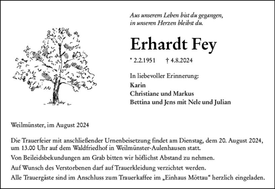 Traueranzeige von Erhardt Fey von Weilburger Tageblatt