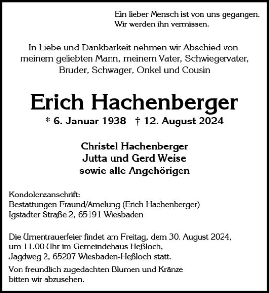 Traueranzeige von Erich Hachenberger von Wiesbadener Kurier