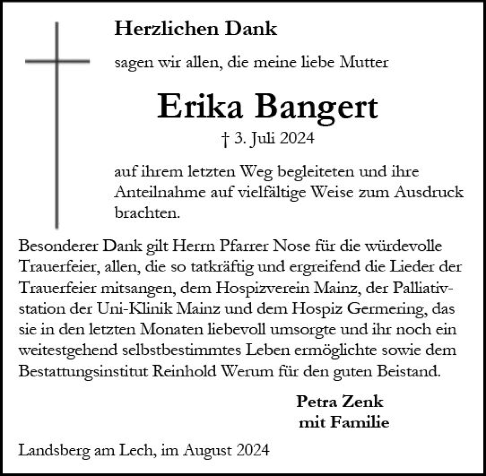  Traueranzeige für Erika Bangert vom 03.08.2024 aus Allgemeine Zeitung Mainz