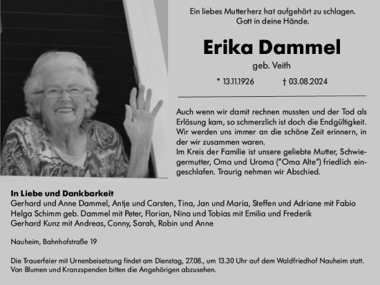 Traueranzeige von Erika Dammel von Rüsselsheimer Echo