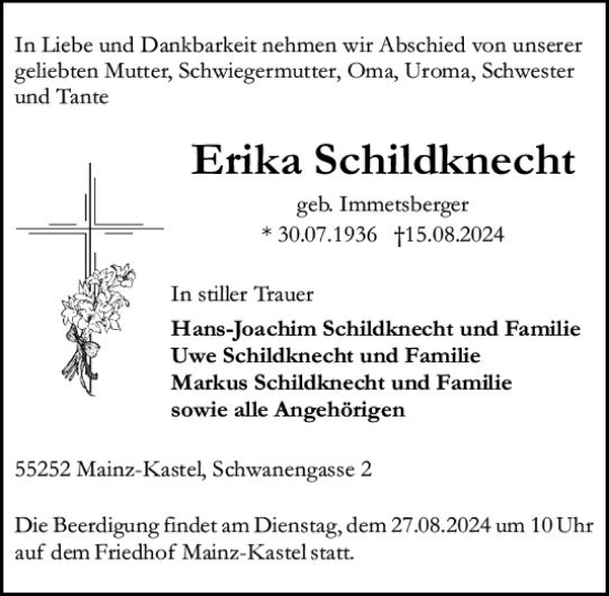Traueranzeige von Erika Schildknecht von Allgemeine Zeitung Mainz