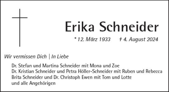 Traueranzeige von Erika Schneider von Darmstädter Echo