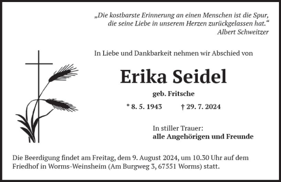Traueranzeige von Erika Seidel von Wormser Zeitung