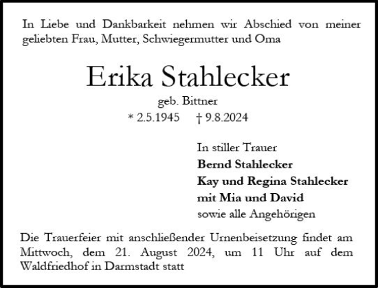 Traueranzeige von Erika Stahlecker von Darmstädter Echo