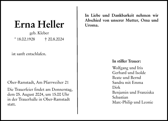 Traueranzeige von Erna Heller von Darmstädter Echo