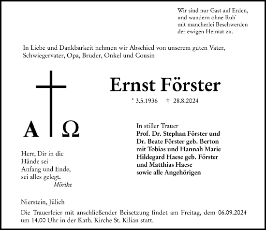 Traueranzeige von Ernst Förster von Allgemeine Zeitung Mainz