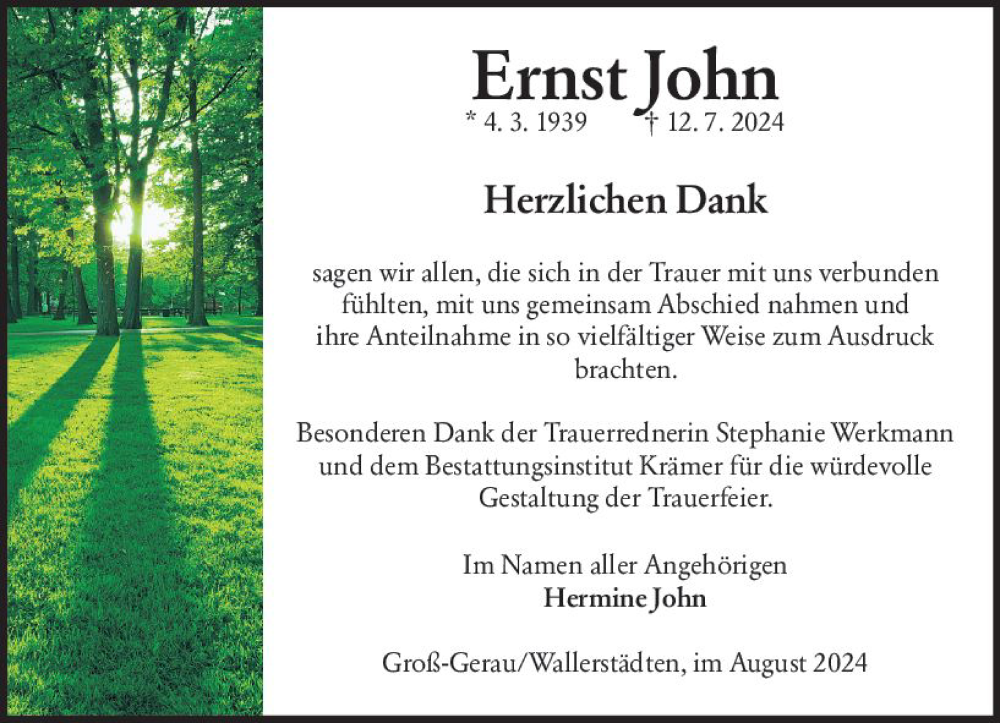  Traueranzeige für Ernst John vom 10.08.2024 aus Groß-Gerauer Echo