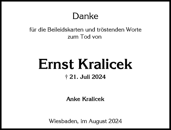 Traueranzeige von Ernst Kralicek von Wiesbadener Kurier