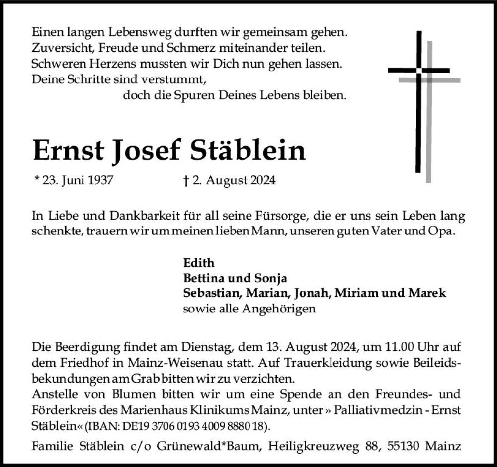  Traueranzeige für Ernst Josef Stäblein vom 07.08.2024 aus Allgemeine Zeitung Mainz
