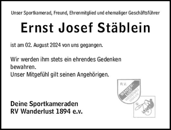 Traueranzeige von Ernst Josef Stäblein von Allgemeine Zeitung Mainz