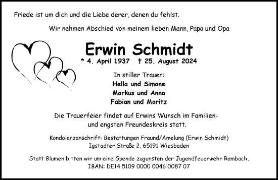 Traueranzeige von Erwin Schmidt von Wiesbadener Kurier
