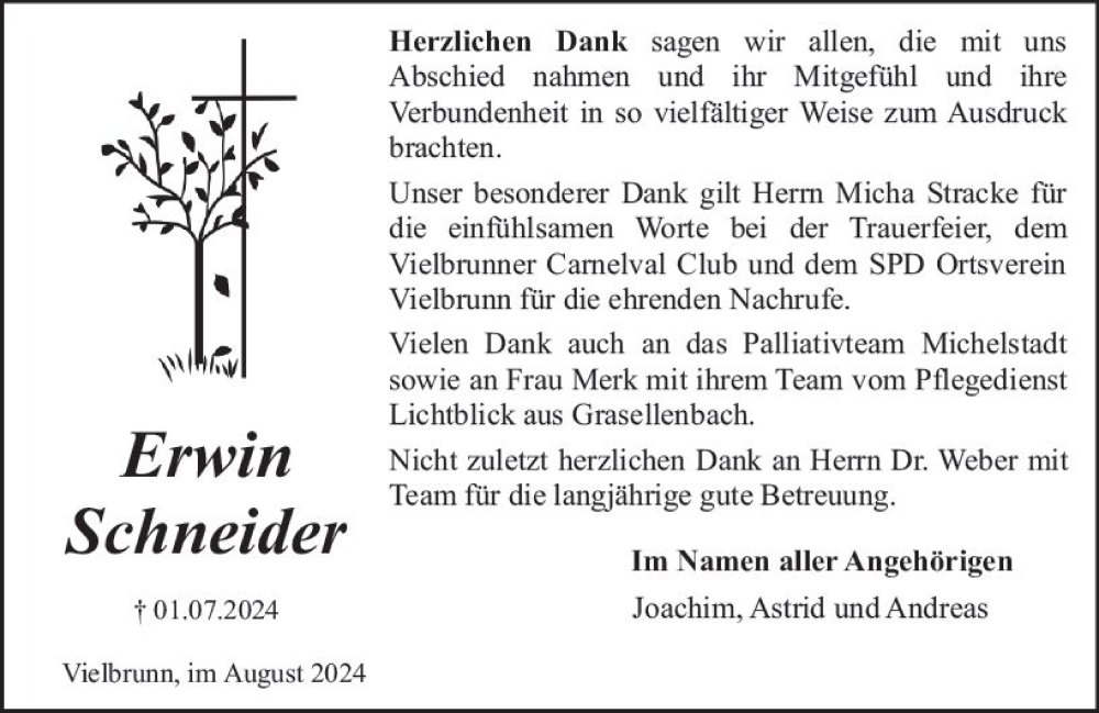  Traueranzeige für Erwin Schneider vom 03.08.2024 aus Odenwälder Echo