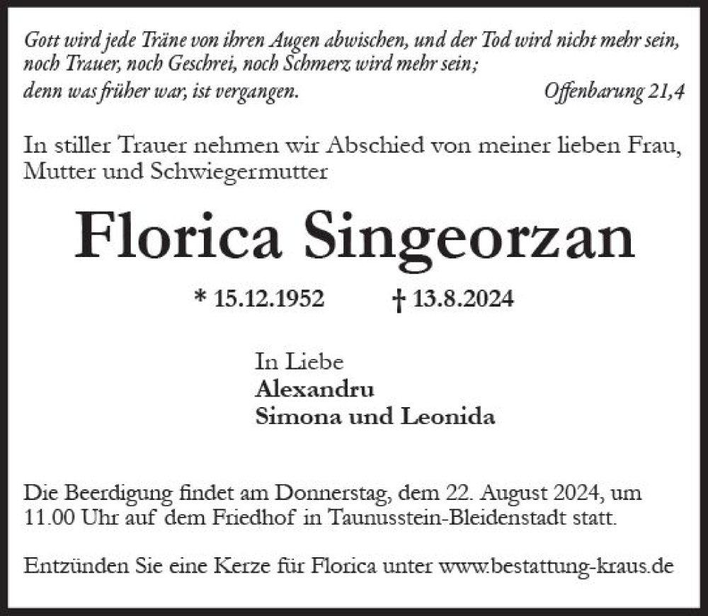  Traueranzeige für Florica Singeorzan vom 17.08.2024 aus Wiesbadener Kurier