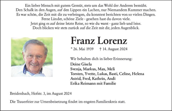 Traueranzeige von Franz Lorenz von Hinterländer Anzeiger