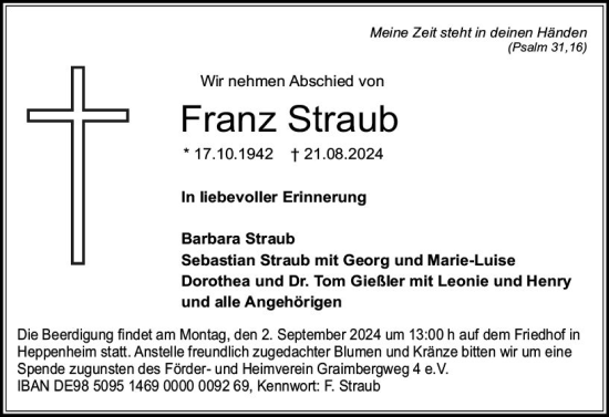 Traueranzeige von Franz Straub von Starkenburger Echo