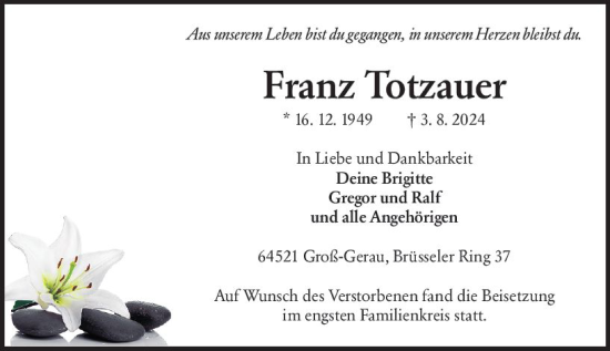 Traueranzeige von Franz Totzauer von Groß-Gerauer Echo