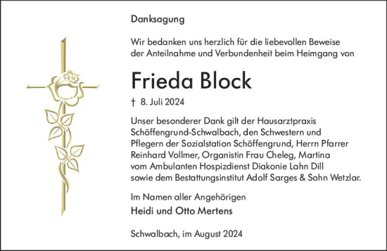 Traueranzeige von Frieda Block von Wetzlarer Neue Zeitung