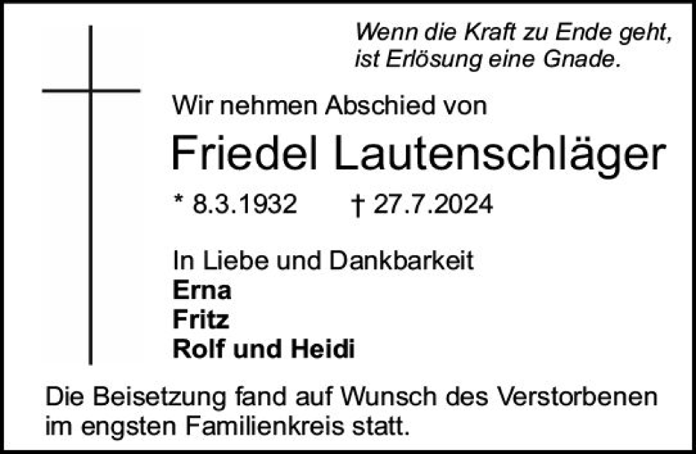  Traueranzeige für Friedel Lautenschläger vom 10.08.2024 aus Darmstädter Echo