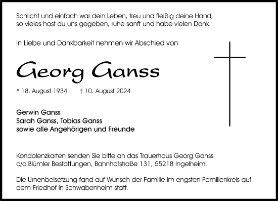 Traueranzeige von Georg Ganss von Allgemeine Zeitung Rheinhessen-Nahe
