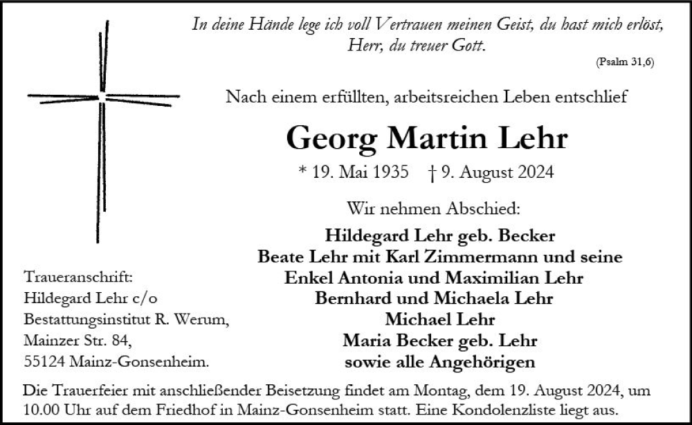  Traueranzeige für Georg Martin Lehr vom 17.08.2024 aus Allgemeine Zeitung Mainz