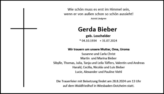 Traueranzeige von Gerda Bieber von Wiesbadener Kurier