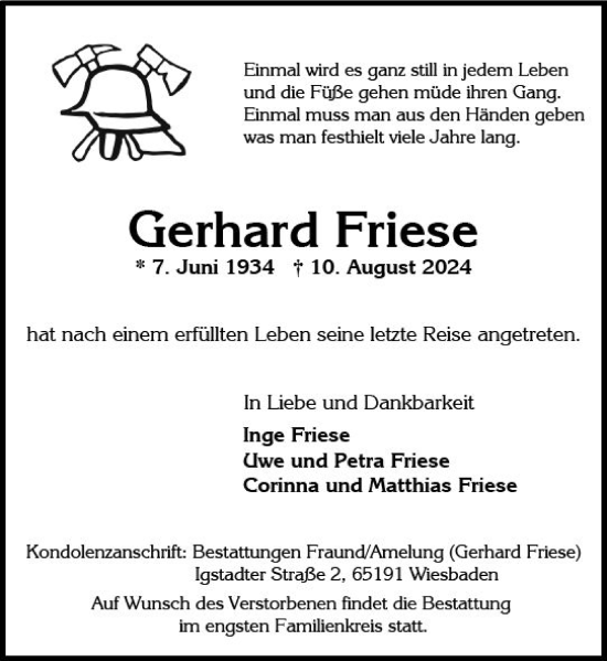 Traueranzeige von Gerhard Friese von Wiesbadener Kurier
