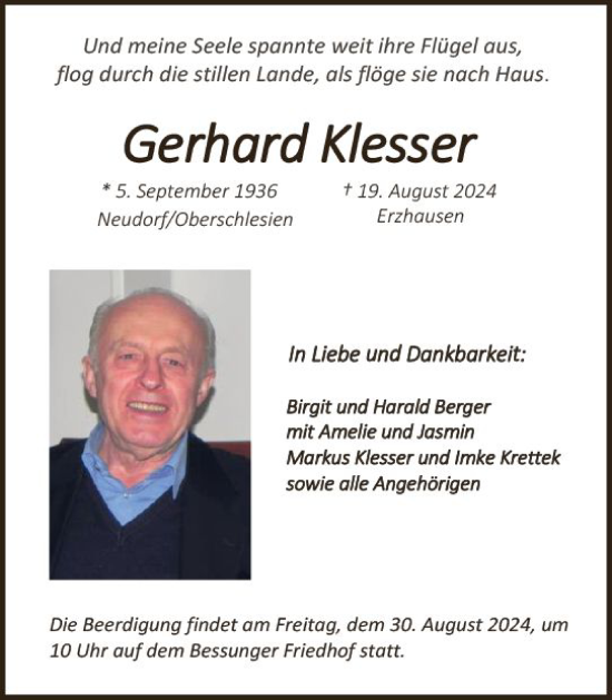 Traueranzeige von Gerhard Klesser von Darmstädter Echo