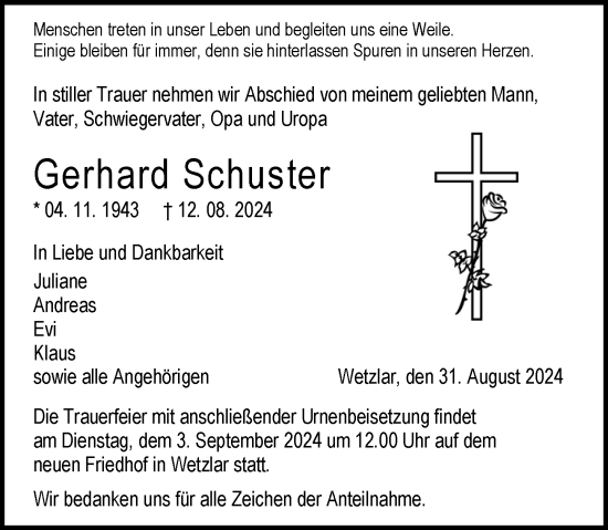 Traueranzeige von Gerhard Schuster von Wetzlarer Neue Zeitung